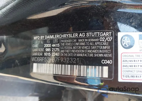 2007 Mercedes-Benz C 230 Sport z USA, uszkodzony, nr VIN WDBRF52H57F932321